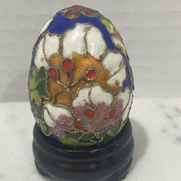 Asian Blue Cloisonne Enameled Porcelain Decorative Egg with Stand - Picture 2 of 6